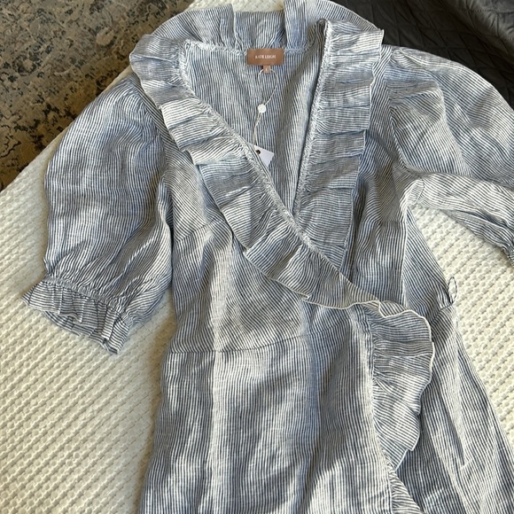 Kate Leigh Blue Linen Stripe Railroad Mini Wrap Dress Size Large NWT - Picture 2 of 10